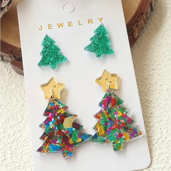 NWT 2 Christmas Tree Acrylic Earrings Green Glitter & Multi Color Confetti Foil - Picture 5 of 6